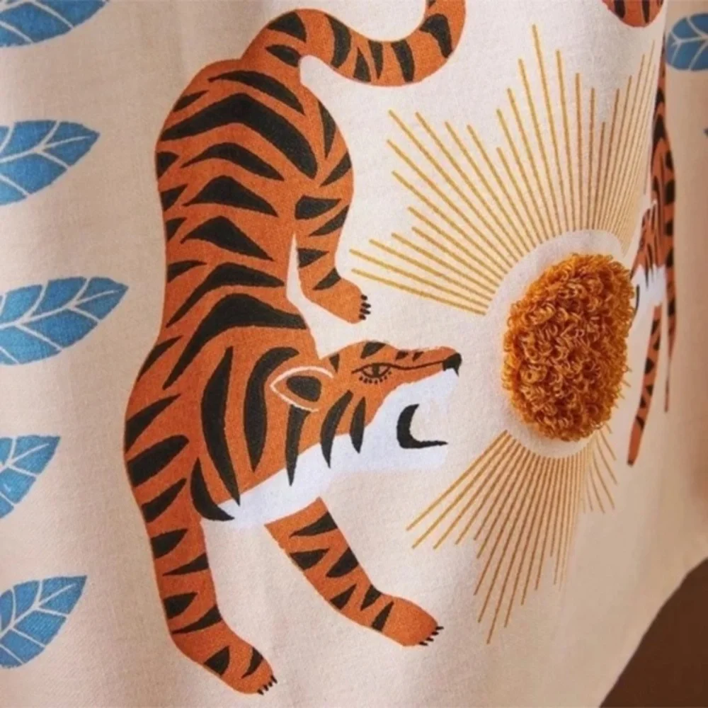 Anthropologie Cream Tea Towel with Blue Leaves and Brown Tigers